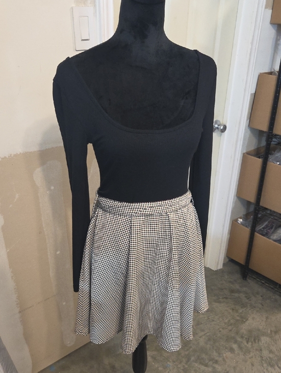 The Unbranded Brand Dresses & Skirts - Black & White Gingham Circle Skirt Skater Dress Mini Jersey Bodice Long Sleeve